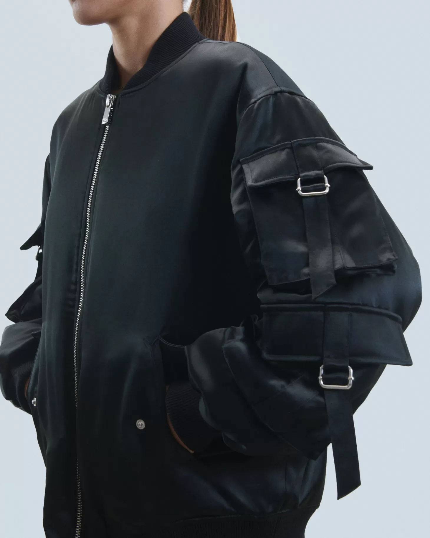 FROM FUTURE Bomber Satin Jacket Black Cheap