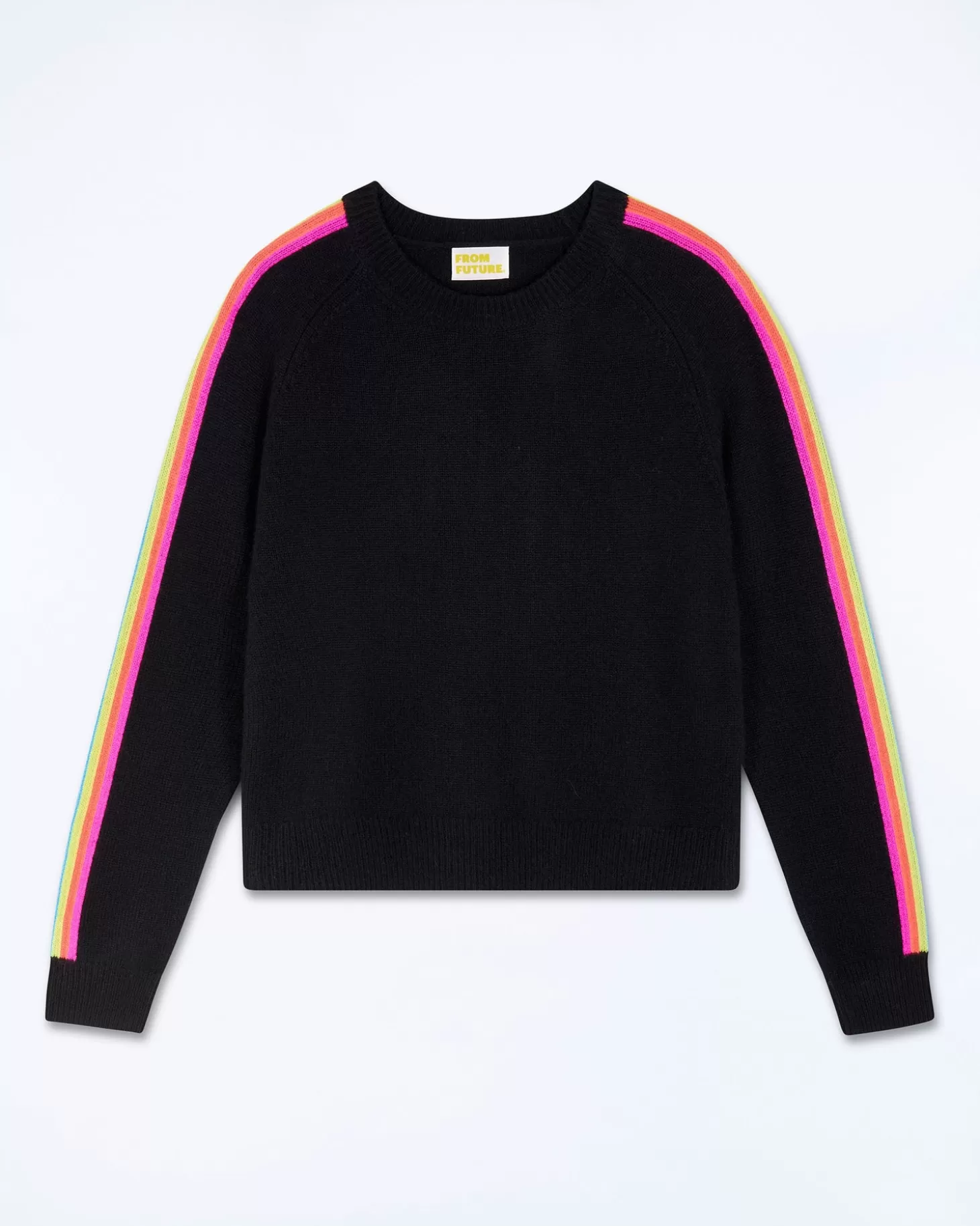 FROM FUTURE Crew Neck Sweater With Multi-Colored Bands Black Clearance