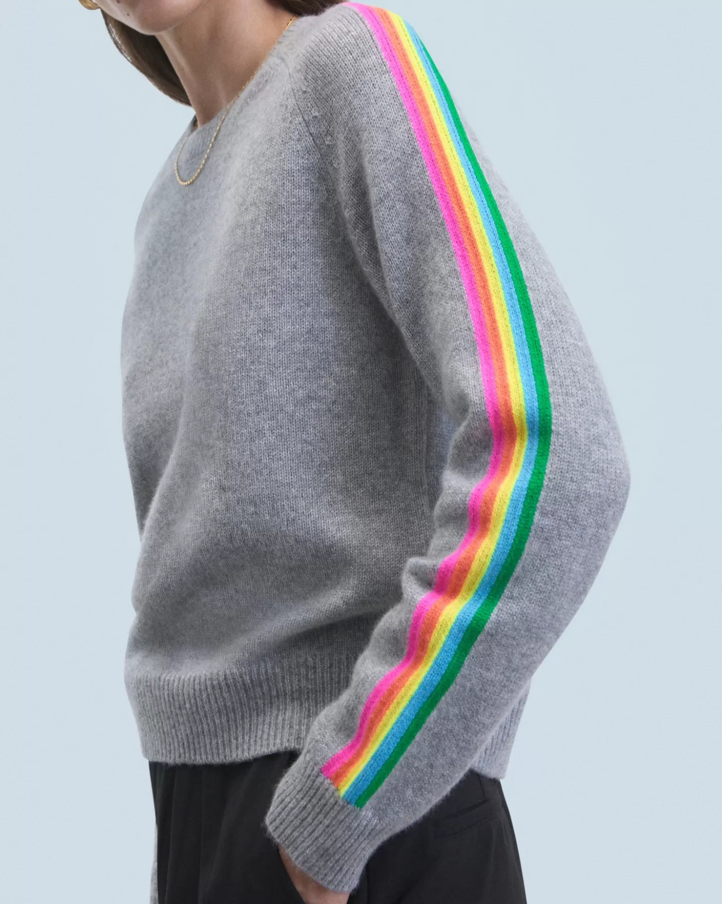 FROM FUTURE Crew Neck Sweater With Multi-Colored Bands Dark Heather Gray Best