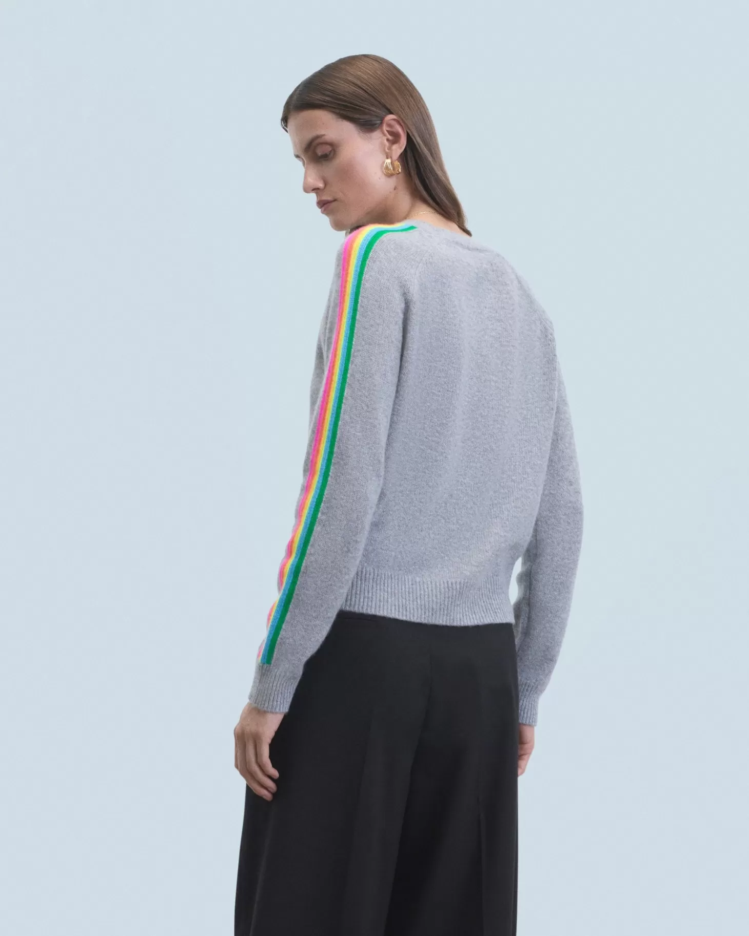 FROM FUTURE Crew Neck Sweater With Multi-Colored Bands Dark Heather Gray Best