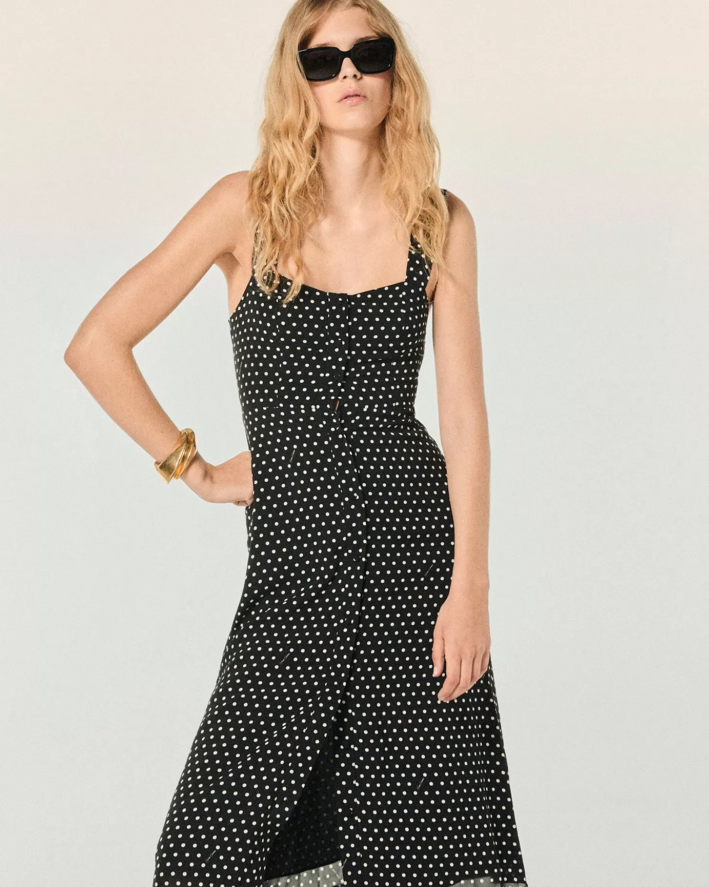 FROM FUTURE Leatitia Long Strap Dress Black Dots Cheap