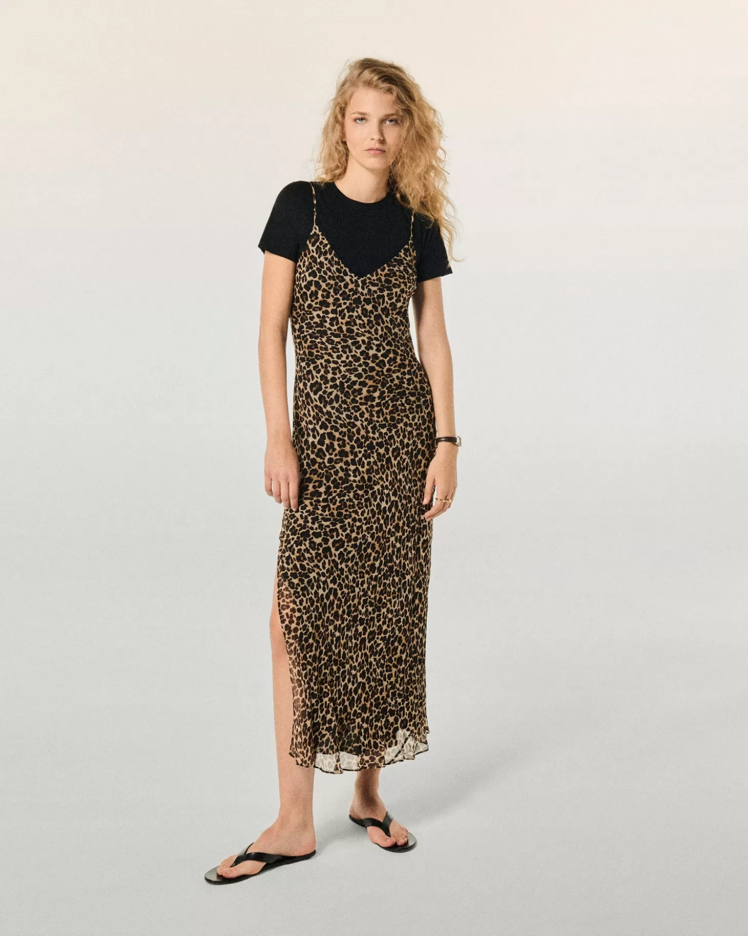 FROM FUTURE Long Chiffon Strap Dress Winter Leopard Cheap