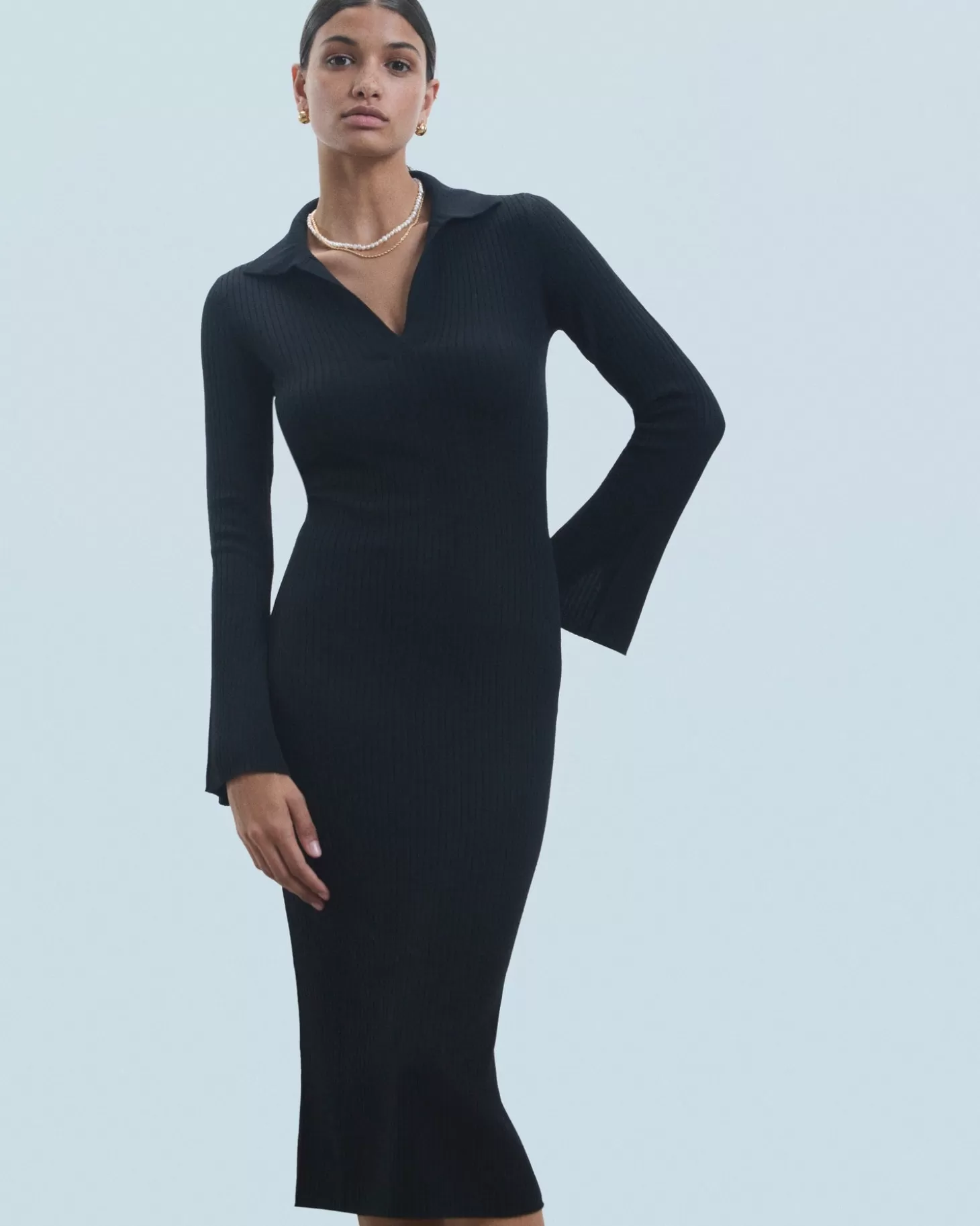 FROM FUTURE Long Sleeve Polo Neck Long Dress Black Fashion