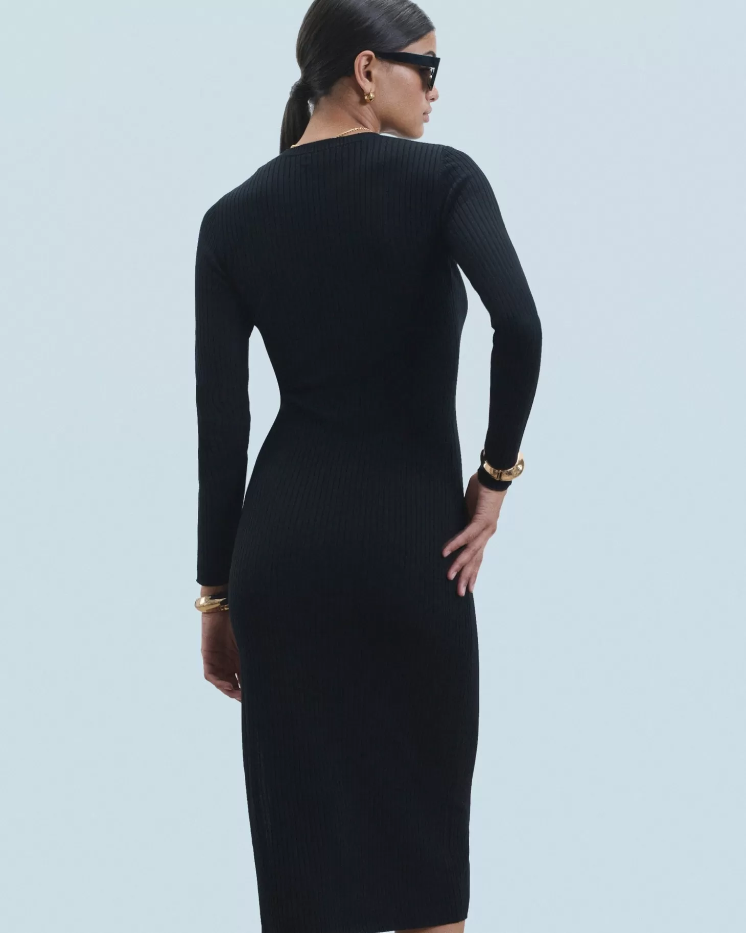 FROM FUTURE Long Sleeve Ribbed Slit Long Dress Black Outlet