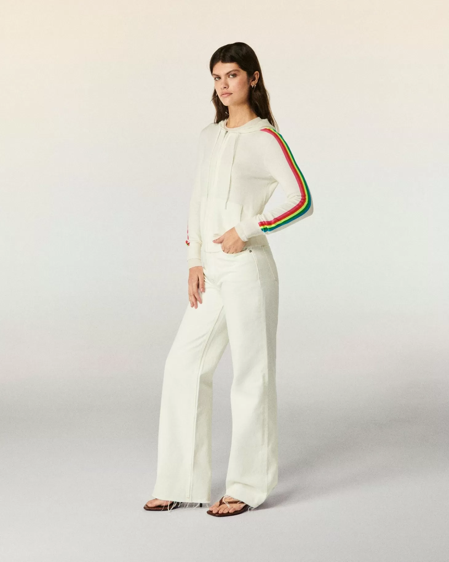 FROM FUTURE Multicolored Stripe Zipped Hoodie Sweater White Shop