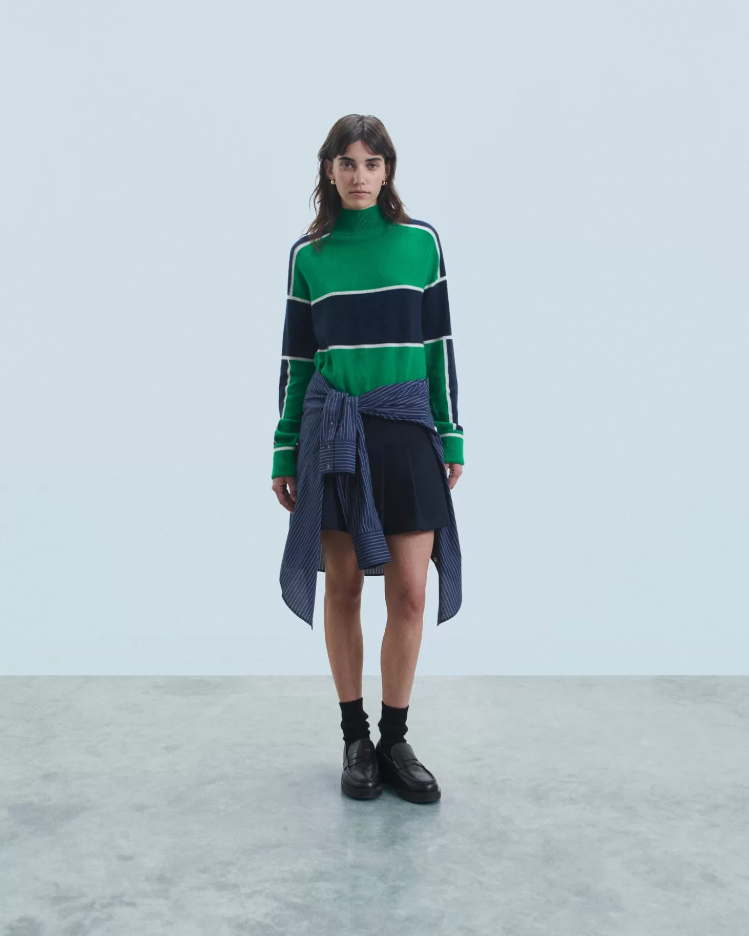 FROM FUTURE Striped Mock Neck Sweater Mountain Green Outlet